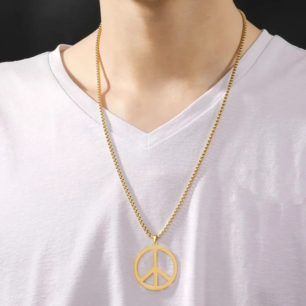 Cazador Stainless Steel 2024 Peace Sign Pendant Necklace for Men Gold Color Double Chain Necklace Jewelry Lover Gift Wholesale