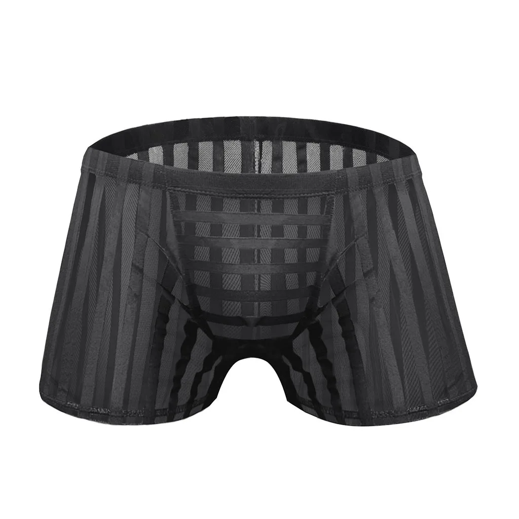 مخطط الصندوق الملابس الداخلية للرجال مثير العشير شبكة تنفس مطبوعة شفافة جذوع مثليون جنسيا منخفضة الارتفاع U محدب الحقيبة السروال