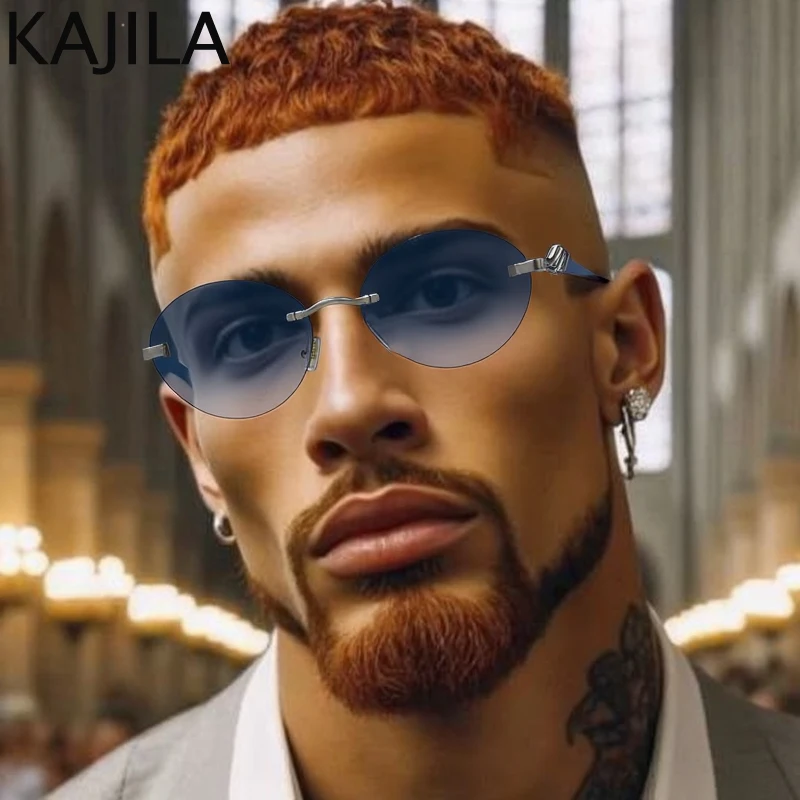 

Steampunk Rimless Oval Small Frame Sunglasses Men 2025 Luxury Brand Vintage Punk Frameless Driving Sun Glasses For Male UV400