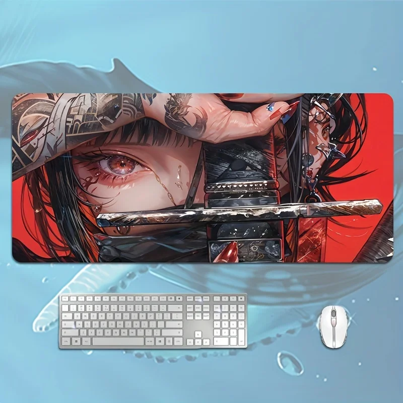 Anime Girl Themed Large Rubber Mouse Pad, HD Print, Non-Slip Oblong Gaming Desk Mat with Stitched Edges