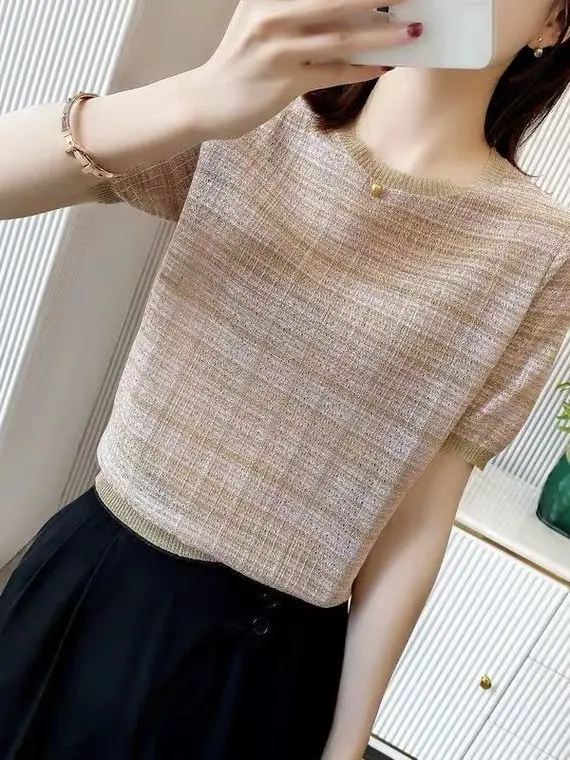 Camiseta de punto ort Sve de seda de hielo Ne redonda a rayas para primavera y verano para mujer, Top informal cómodo y transpirable
