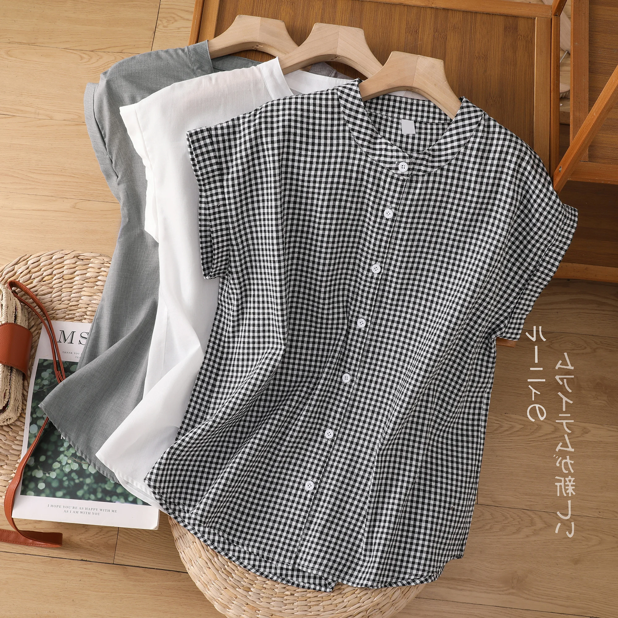 

Japanese Sle Cotton Linen Svel irt Women Summer Loose Casual Versatile Stand Collar Top Trendy Button Detail Pure C...