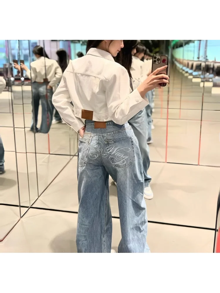 

High Waist Waed Denim Jeans Women Loose Casual Diamond Embellied Spring Straight Leg Long Pants Girl's Comfortable Fit