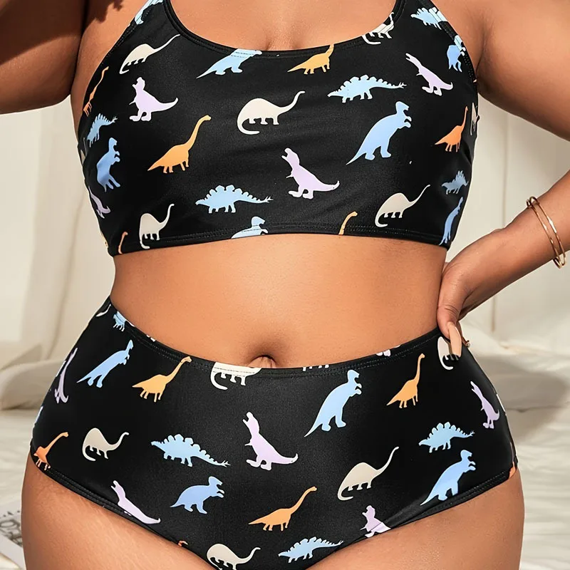 JEWELRY SEN Plus Size Women 2‑Piece Bikini Set Cartoon Dinosaur Print Spaghetti‑Strap Top High Waist Swim Bottom Summer Suit