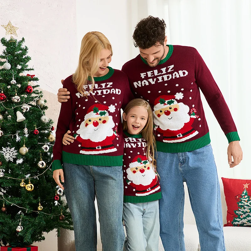 

Noël famille Loook tricots Santa imprimé pull tricoté à manches longues col rond doux pull ample tenues assorties de noël pulls