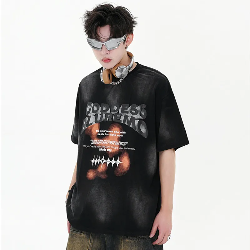 PFNW Male Letter Worn-out Washed T-shirt New American High Street Hip-hop Couple Loose Shorts Summer 2024 Chic Trendy 28W4009