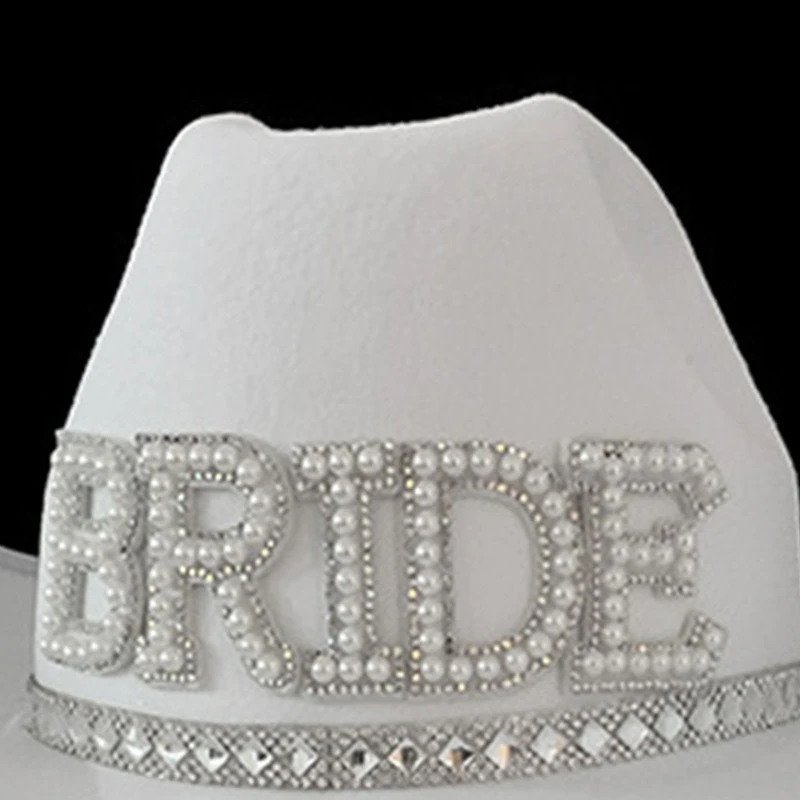 for Rhinestone Women Bride Letter Cowgirl Hat Wide Brim Bridal Western Shinning White Fedora Hat for Photoshoot Supplies