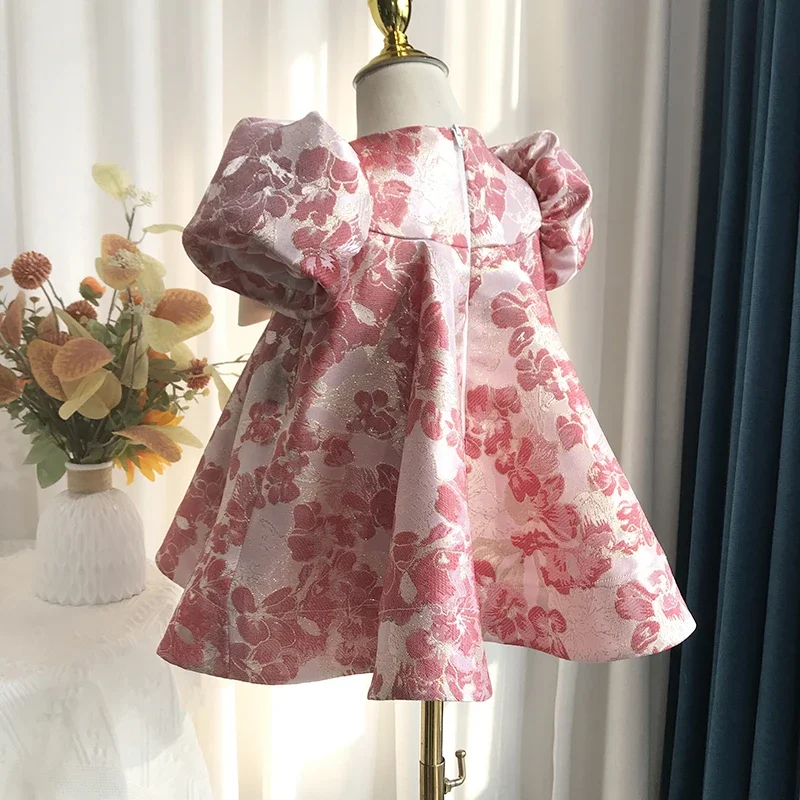 

Baby Girl Princess Flower Silk Dress Short Puff Sleeve Child Vintage Bow Vestido Party Pageant Birthday Baby Clothes 1-7Y