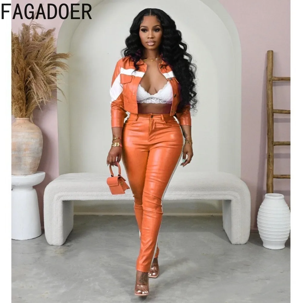 FAGADOER Fashion PU Leather Patchwork Two Piece Sets Women Turndown Collar Long Sleeve Crop Top And Skinny Pants Outfits Clothes