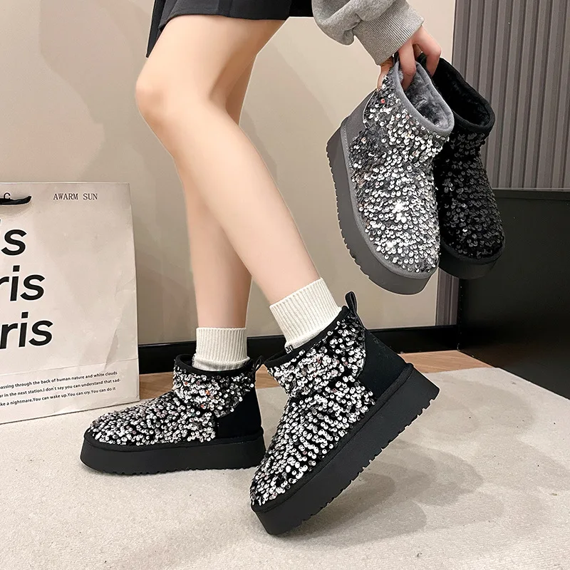 Women's Rubber Boots Flat Heel Plush Autumn Shoes Winter Footwear Round Toe  Bling Bling Australia Rain Med Elegant Fur 2024 Mid