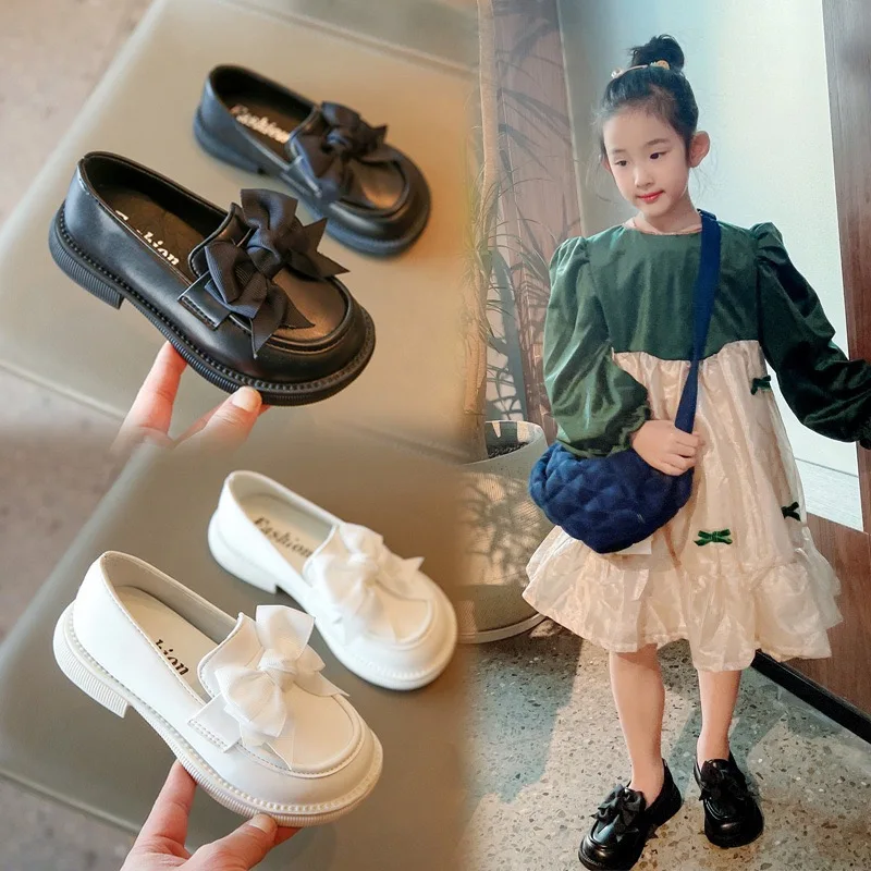 

Congme Girl Leather Shoes Toddler Kids Korean Style White Black Bow Flat Shoes Princess Shoes Dress School Shoes