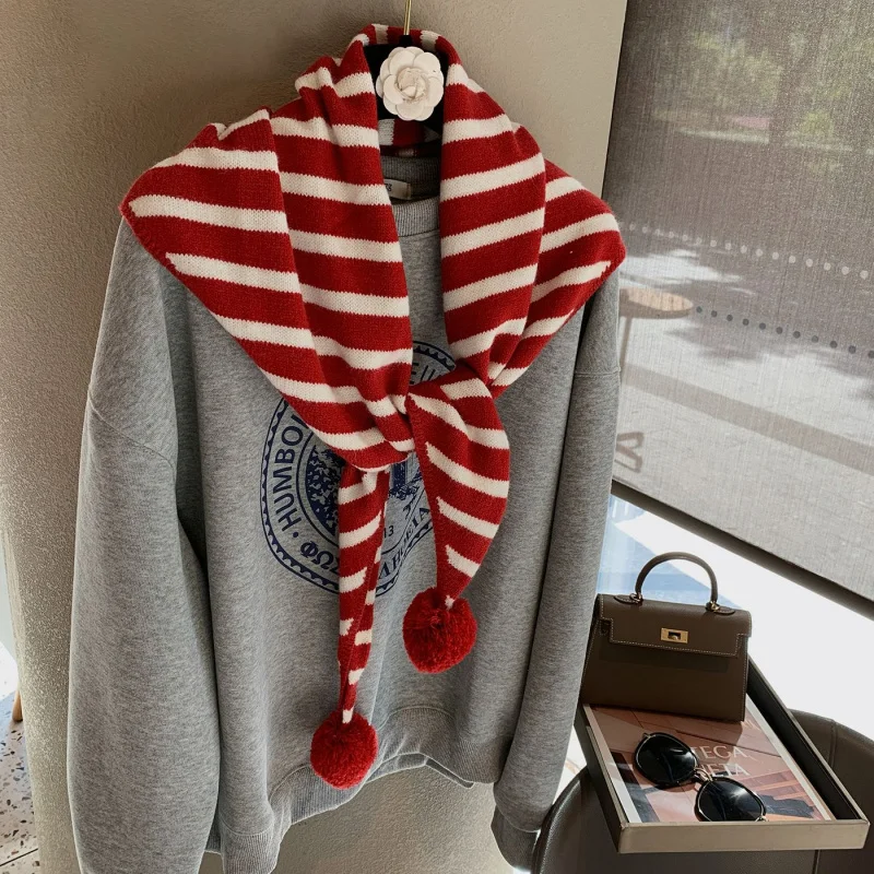 

Japanese-style versatile fashion new pom-pom striped knitted scarf couple's warm shawl women