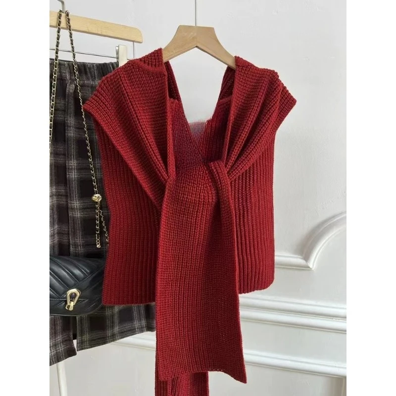 قبعة صوفية دافئة للنساء في الهواء الطلق لخريف وشتاء - قبعة متماسكة لتنحيف الوجه مع وشاح شال، ريترو، كاجوال أنيق ومتعدد الاستخدامات #2