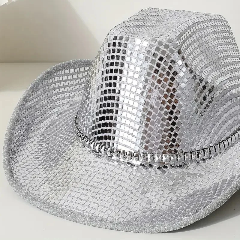 HongLuan Chapéu de fantasia de lantejoulas prateadas e chapéus de cowboy de discoteca para mulheres, acessórios femininos de cosplay de cowboy e boné de cowgirl