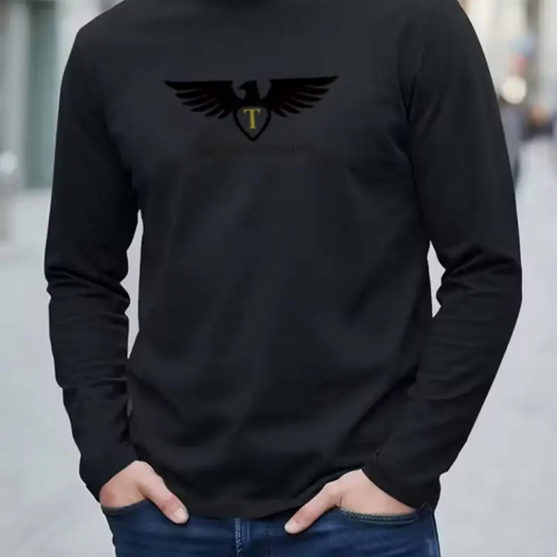 New 100% Pure Cotton Autumn Men's and Women's Long Sleeved Round Neck T-shirt, Eagle Print Symbolizes Courage and Freedom view 3
