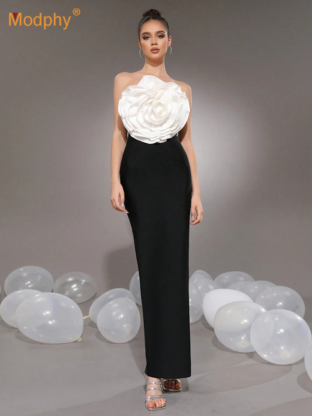 Modphy Elegant 3D Flowers Bodycon Prom Gowns Sexy Strapless Backless Party Bandage Dress Summer Long Evening Dress