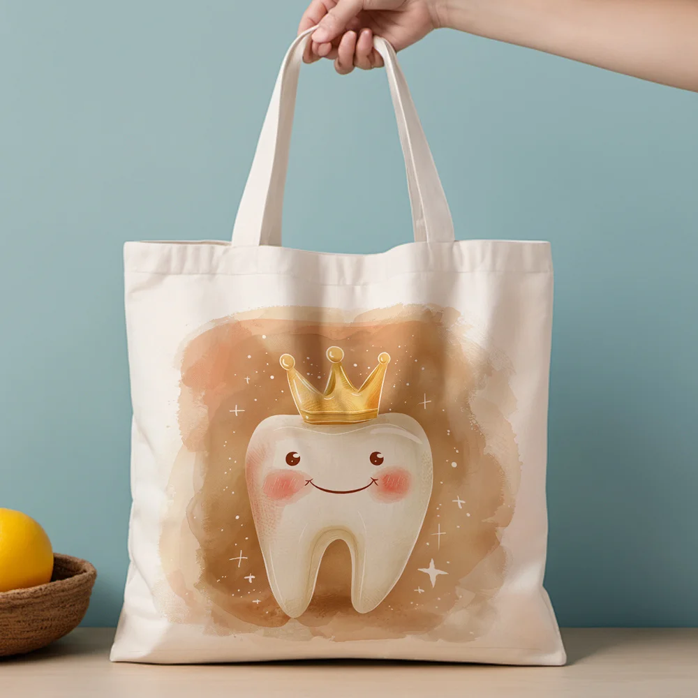 A crown and tooth pattern print canvas tote bag, suitable for daily use, shopping, school, and travel