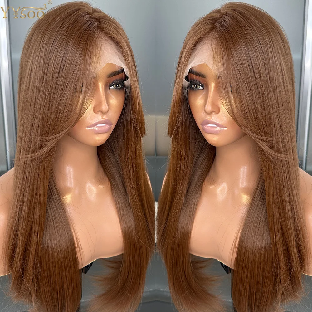 30# Color Middle Part Bangs Natural Wavy 13x4 Futura Synthetic Lace Front Wig for Black Women Heat Resistant Glueless Brown Wig