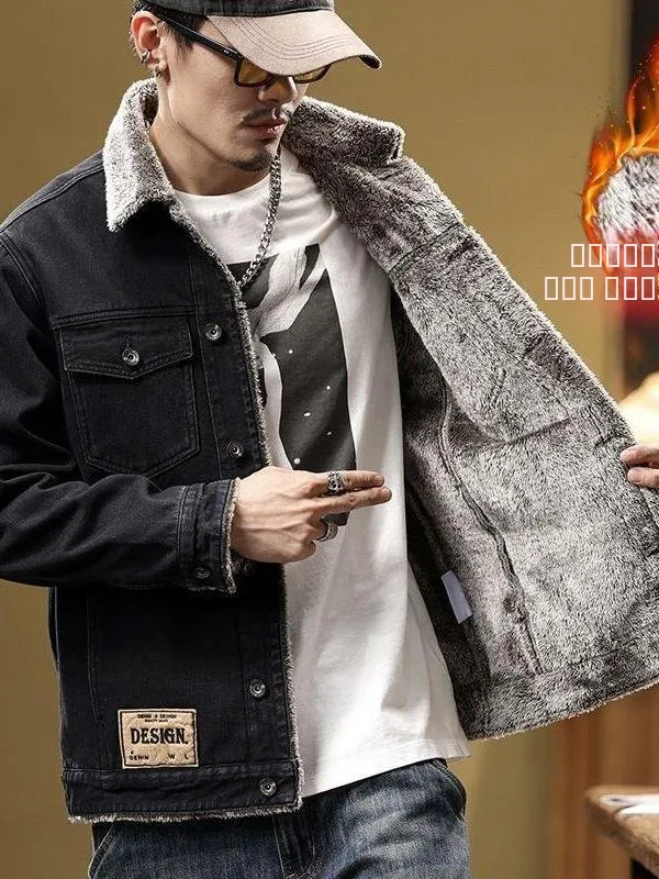 

American Sle Fce Lined Slim Fit Men's Denim Jaet Trendy Versatile Sli Thi Warm Autumn Winter Casual Faionable ...