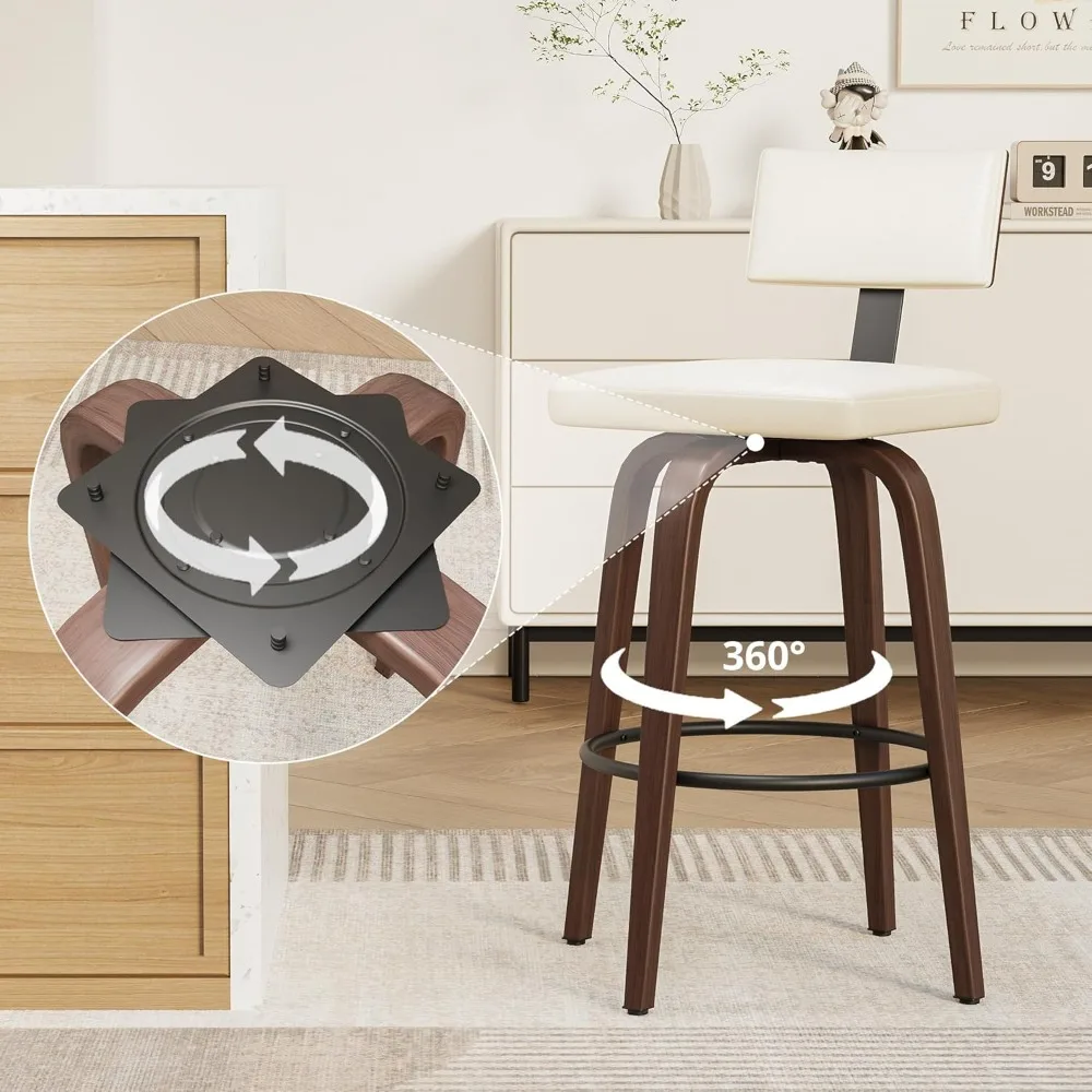 مجموعة مقاعد بار ذات ارتفاع مضاد مكونة من 2، مقاعد منجدة من الجلد الصناعي مقاس 29 بوصة مع ظهر، ومسند للقدمين، وأرجل منحنية ذات ملمس خشبي،