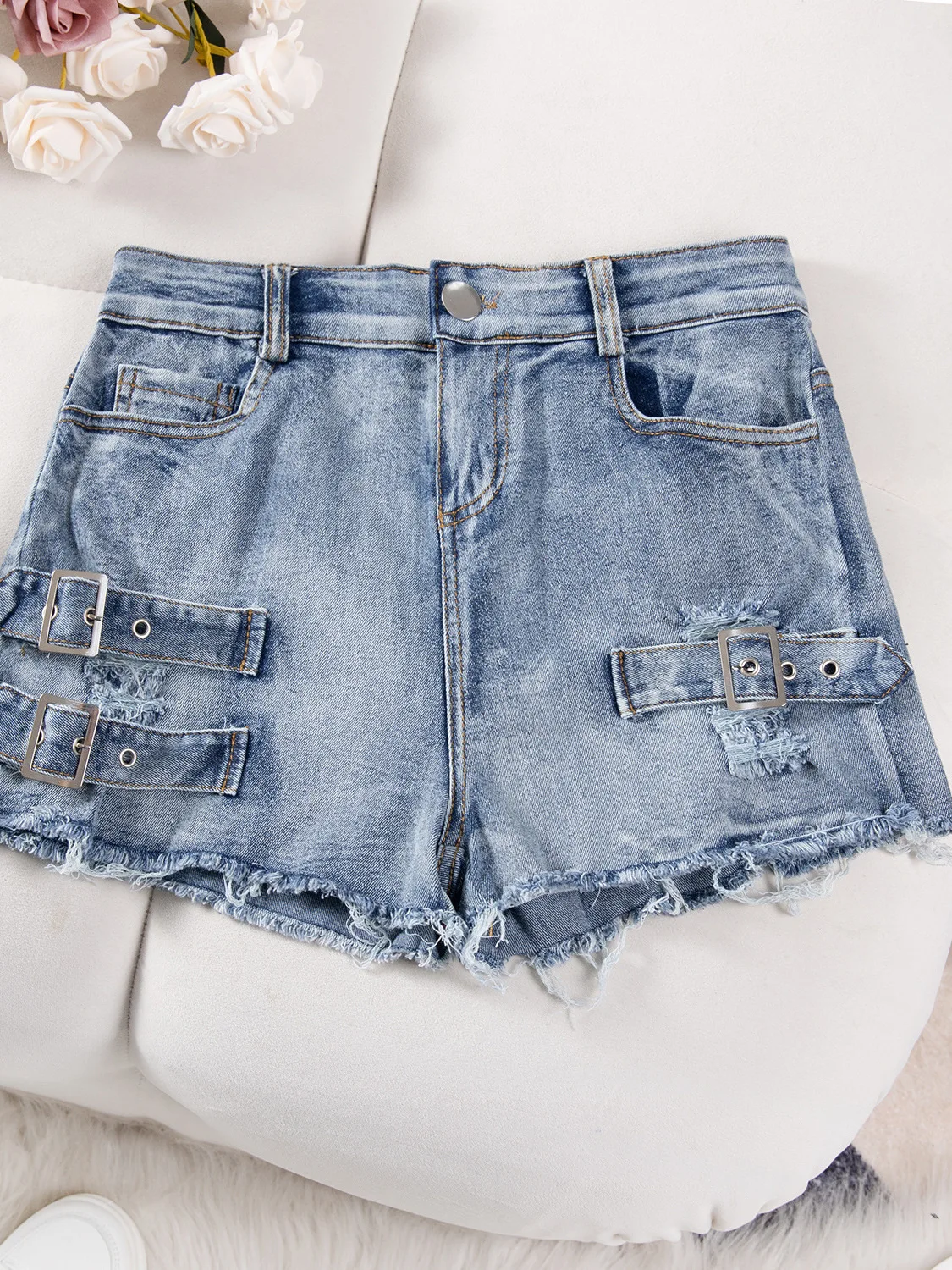 

High Waist Distred Denim orts Women's Slim Fit Elastic Tassel Hem Bodycon Hot Pants Summer Waed Outfit Casual Jeans