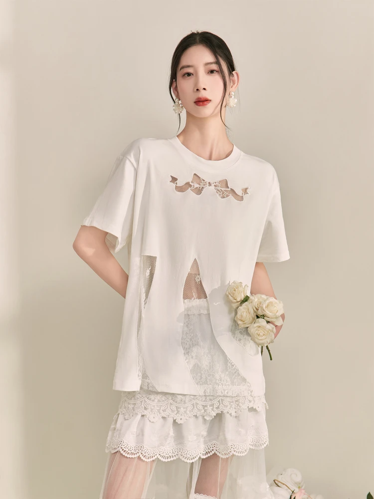 

Коллекция Flowing Era 2025: Новинка! Летний модный комплект с полупрозрачной кружевной юбкой с вырезами и узлами, белый, в стиле Pure Desire.