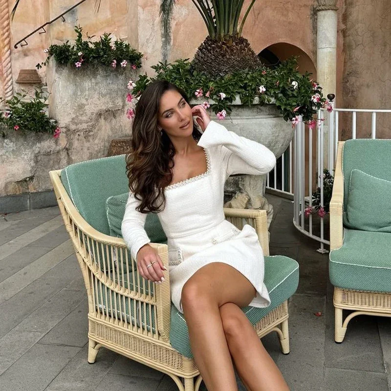 Elegant Women\'s Mini Dress Autumn White Nail Bead Square Collar Long Sleeve Female Dresses 2024 Fashion Lady Slim Vestidos