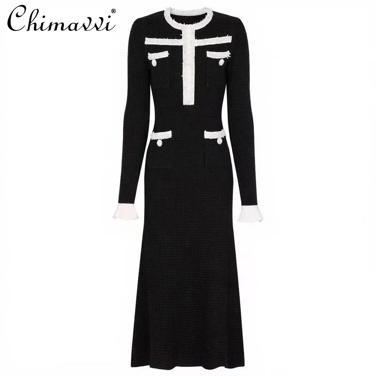 

2025 Autumn Winter New Fashion Knitted Handmade Beaded Slim Long Sleeve Dress Heavy Commuting Elegant Long Women's Dress