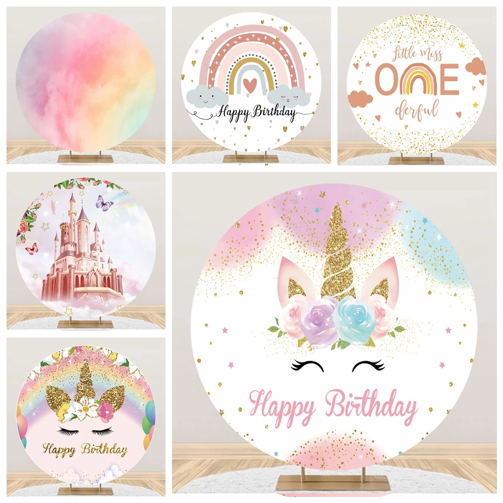 

Rainbow Unicorn Glitters Newborn Birthday Round Elasticity Backdrop Circle Baby Shower Photography Background For Photo Studio