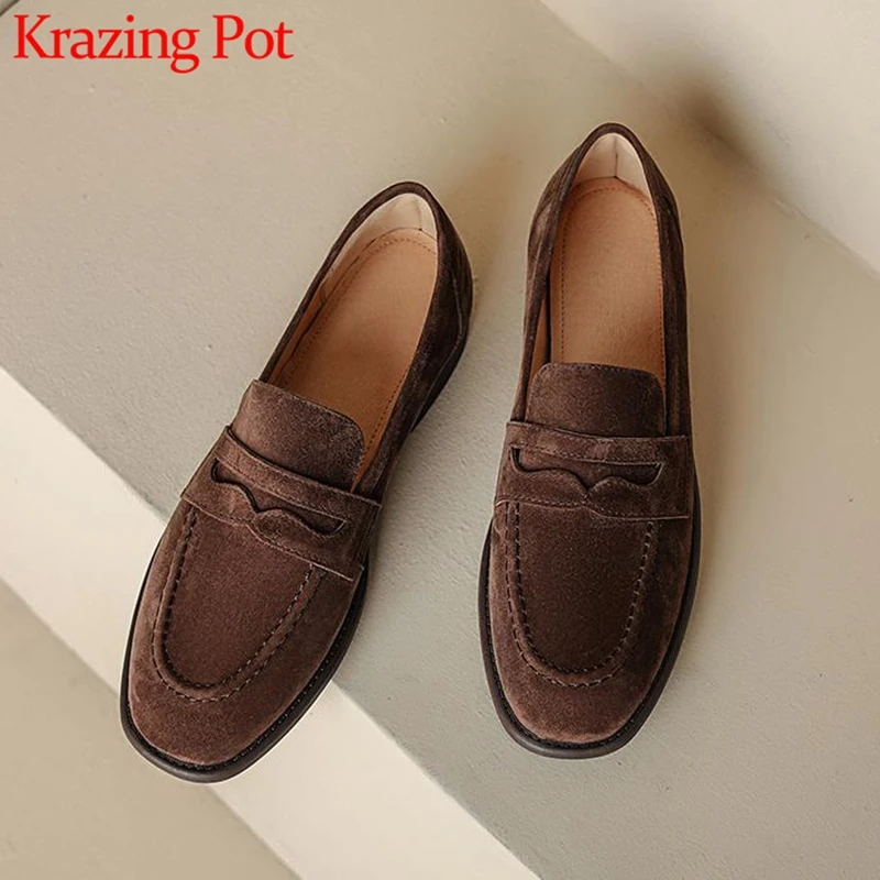 

Krazing Pot New Sheep Suede Round Toe Low Heels Spring Shoes Office Lady Solid Retro Fashion All-match Slip on Cozy Women Pumps