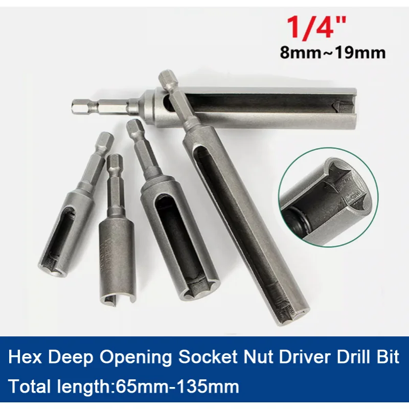 

8-19mm Hex Shank Deep Opening Socket Nut Driver Bit Slot Socket Impact Power Drill Chromium-vanadium Steel Socket Deep 27mm~96mm