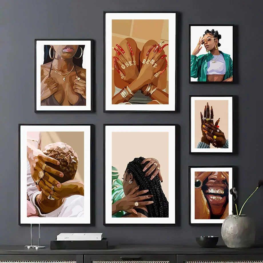 

Fashion Black Girl Diamond Teeth Sunglasses Wall Art Canvas Painting Living Room Decor Poster Print Home Picture