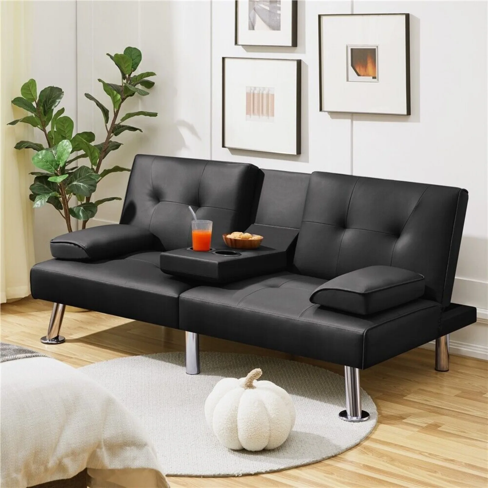 Faux Leather Sofa Bed Convertible Futon Sofa with 2 Throw Pillows Cup Holders United States