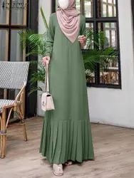 ZANZEA Muslim Fashion Dresses Abaya Spring Autumn Maxi Long Dress Women Long Sleeve Solid Pleated Sundress Islamic Clothing 2024