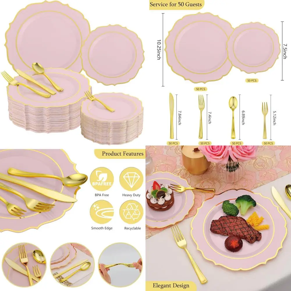 

Розовый набор обеденных тарелок из твердого пластика, 300 предметов для 50 гостей — прочная одноразовая посуда для вечеринок и свадеб
