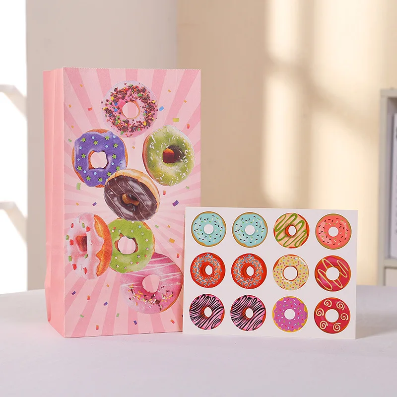 12Pcs Birthday Party Gift Bag Donut Pattern Cookie Candy Snack Packaging Bag Kids Birthday Gift