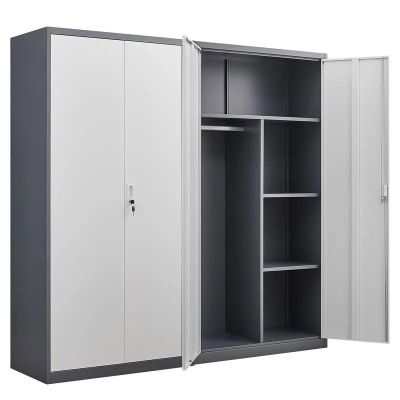 Large-Capacity Metal Wardrobe with Hanging Rod & Compartments, Lockable Steel Closet, Water & Fire Resistant, Ideal for