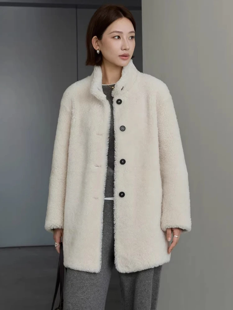 

High-end Luxury Merino Sheep Fur Plush Jackets for Women Simple Stand Collar Mid-length Winter Genuine Leather Real Fur Coat