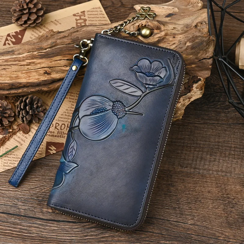 Big Cowhide Card Holder Clutch Bag Long Zipper Floral Ladies Leather Purse Vintage Genuine Leather Wallet Women