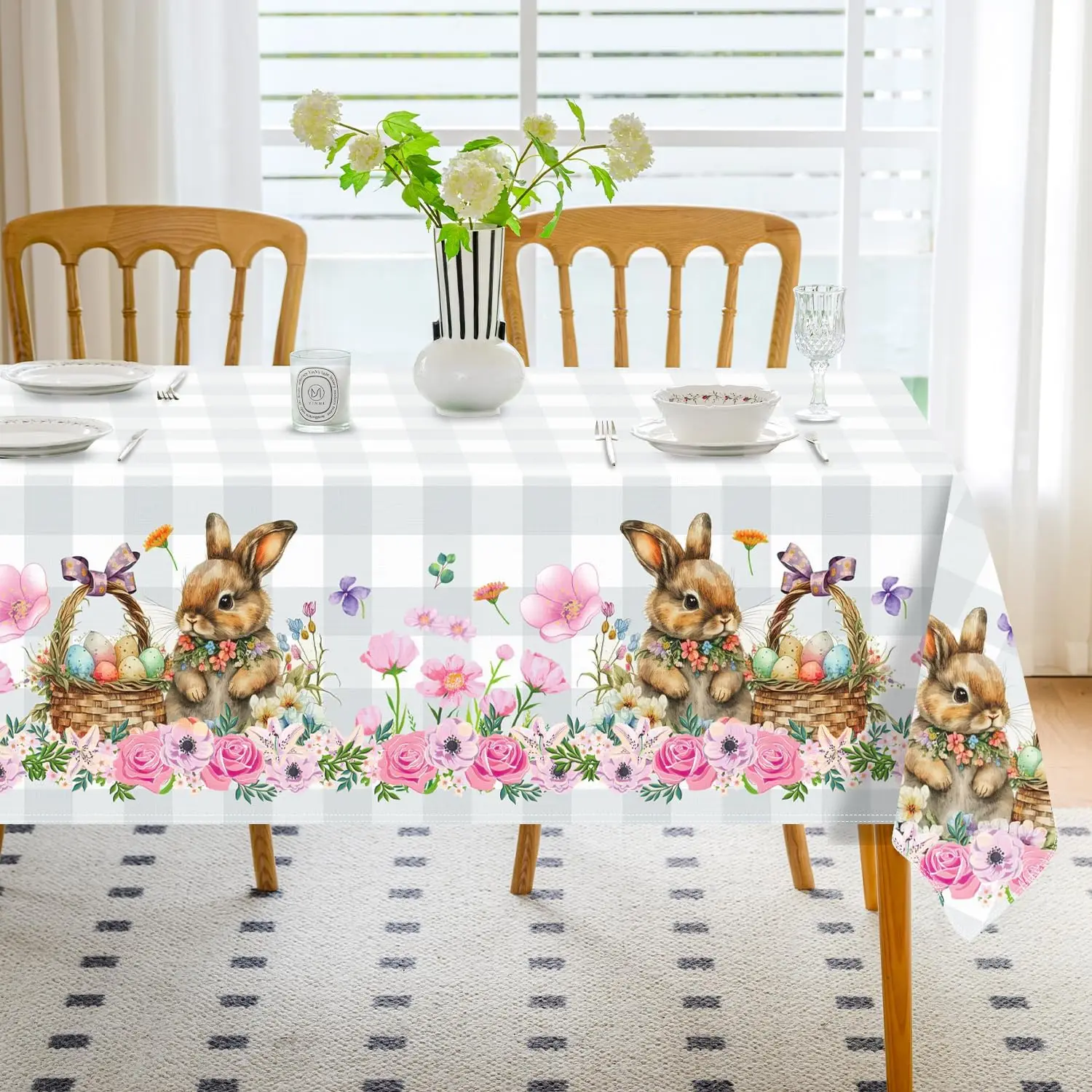 Spring Easter Bunny Eggs Flower Buffalo Plaid Waterproof Tablecloth Table Decor Washable Rectangle Table Cloth Easter Decoration