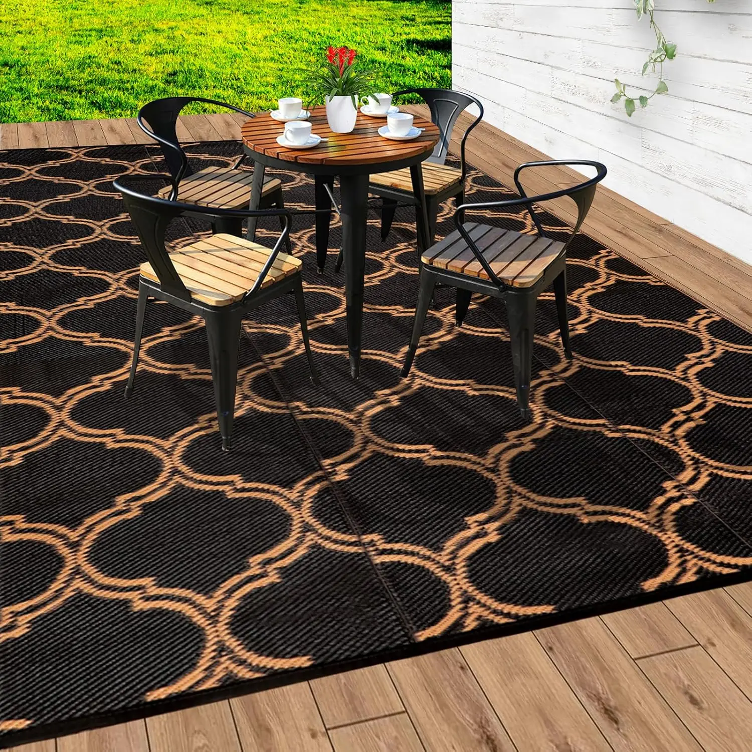 

9x12 Outdoor Rug for Patio & RV Camping - Waterproof Plastic Straw Mat with Corner Loops & Carry Bag - Reversible, UV Fade-Re