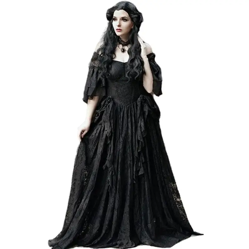 Victorian Gothic Black A Line Wedding Dress Lace Off Shoulder Bridal Gowns Sweetheart Floor Length Garden Customized