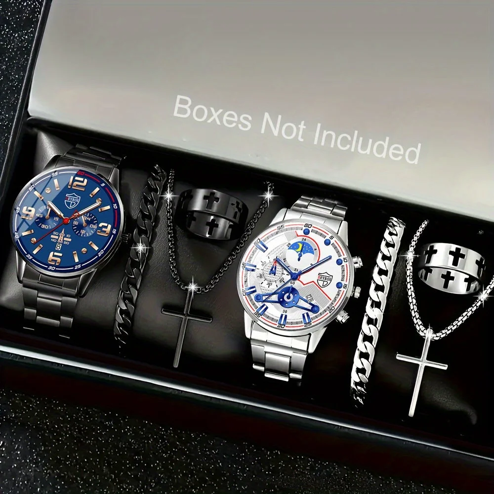 4 PCS/set Men's Fashion Watch Set Date Men's Quartz Watch Round Dial Alloy Case Watch Necklace Bracelet and Ring For Daily Wear