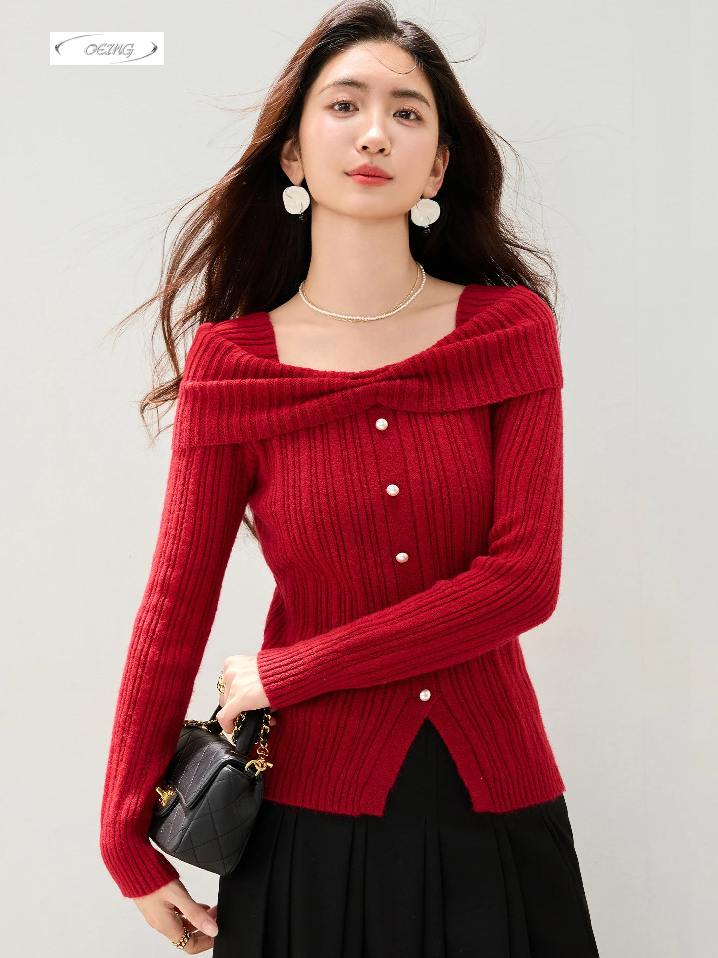 

Women Elegant Chic Long Sleeve Square Collar Slim Red Knitted Pullover Sweater Auutmn Winter Warm Bottoming Tops Knitwear 5840