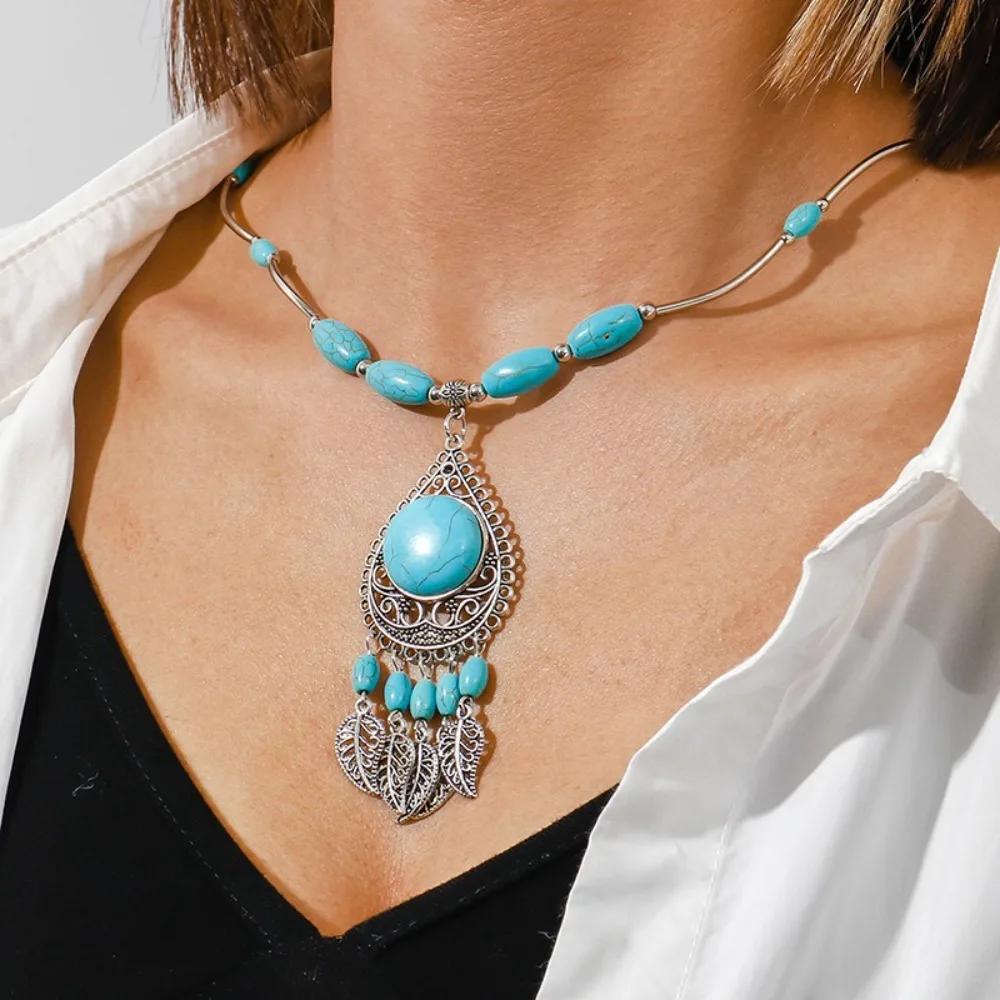 Retro Metal Chain Stone Pedant Necklace Flower Neck Jewelry Ethnic Style Necklaces Charm Beads Bohemia Style Choker Girls