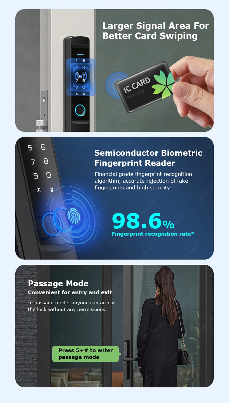 Tediton-puerta de madera de vidrio zigbee, biométrica, huella dactilar, impermeable, exterior, Europeo, aluminio, cerradura inteligente, wi-fi