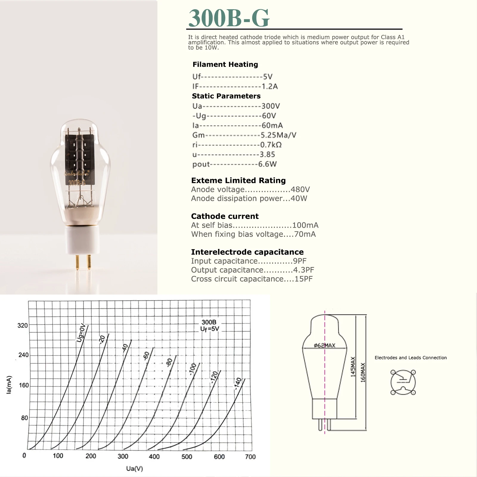 Juson Audio LINLAI 300B-G Vakuum-Hifi-Ventil, elektronische Röhre für Klassenpaarung, Audioverstärker, ersetzt 10 W Leistungsverstärkung