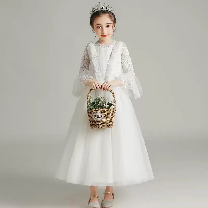 A girl's lace long-sleeved flared sleeve, magnificent first Communion dress, festival dress, birthday, graduation /Customized
