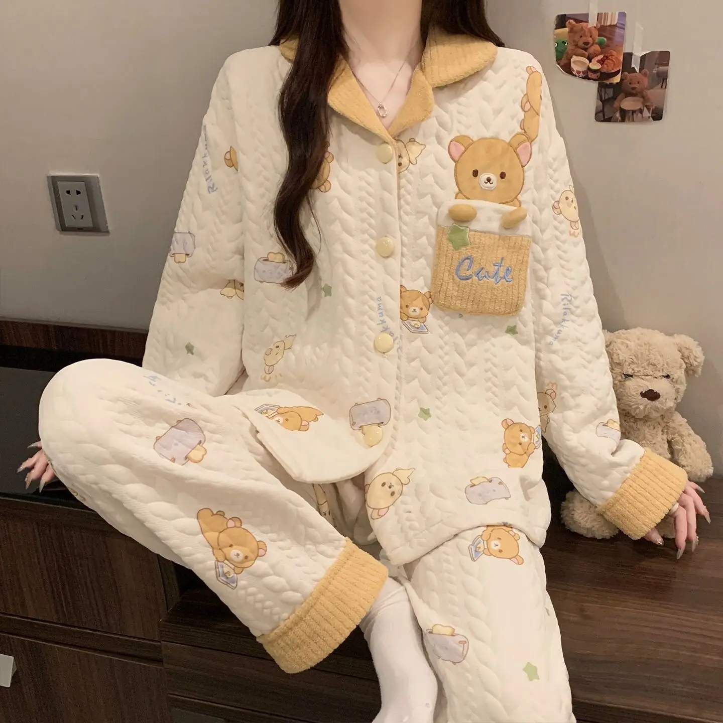 

KawaiiRilakkuma Sleepwear Mikko Women's Autumn Winter Sandwich Cotton Warm Pajamas Cute Cartoon Student Home Clothes Girl's Gift