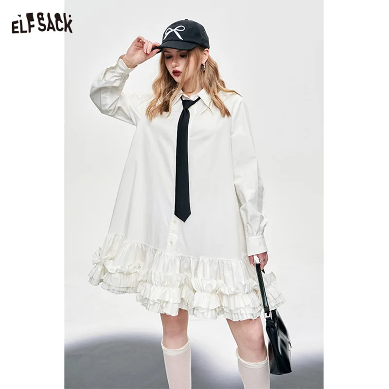 ELFSACK academic style white shirting dress for women 2024 spring new ruffle sweet contrast cake dress long sleeve A pendulum lo